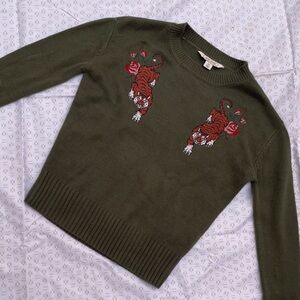 Adam Levine Green Long Sleeve Pull Over Sweater with Embroidered Tigers - XS